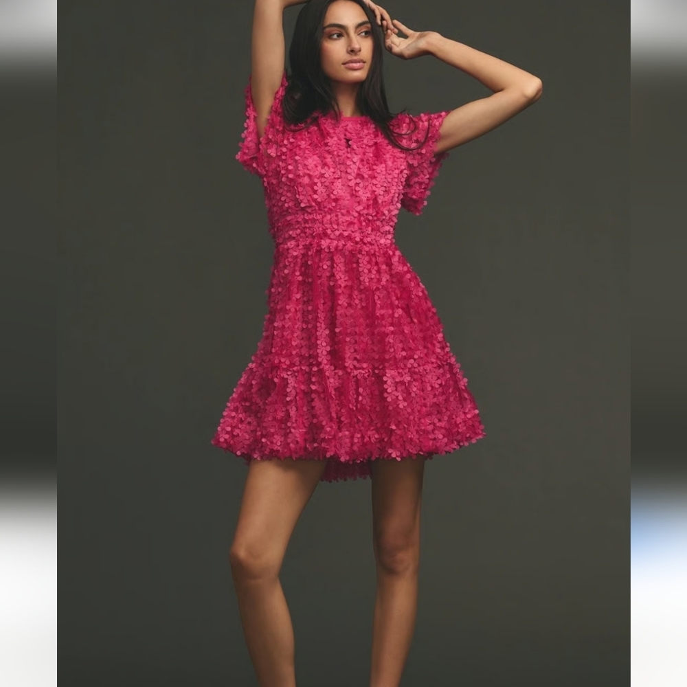Anthropologie Somerset Applique Dress. Pink Floral Women's Dress. Size L